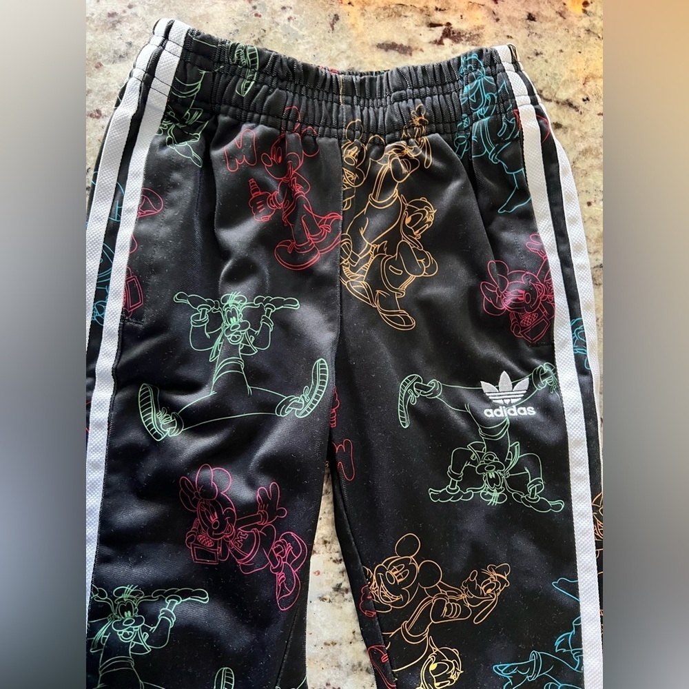 Adidas Black Track Pants with Colorful Cartoon Mickey Graphics Disney - Picture 5 of 7